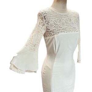 Lulu’s ivory white lace top bell sleeve fitted dress size large NWT ***